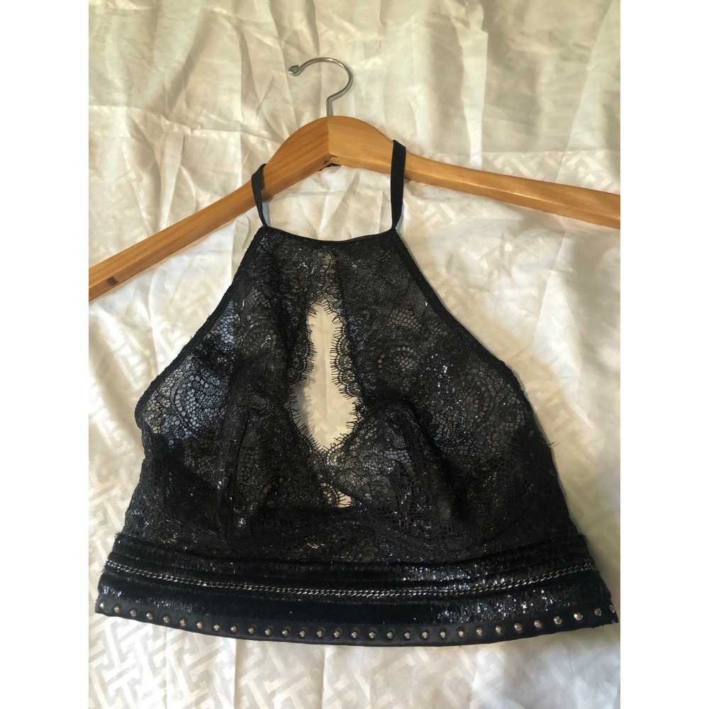 Victorias Secret dark coquette vampy Black Lace Halter Bralette Studded Small *